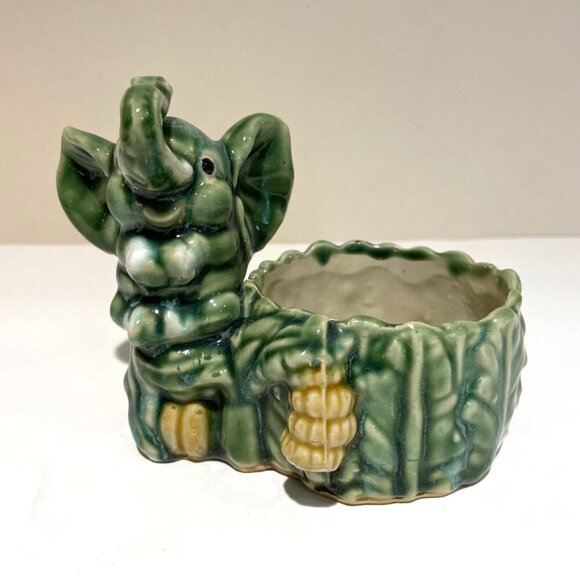VTG Majolica Style Elephant Planter Bamboo Succulent Trunk Up Good Luck Green - Picture 1 of 11